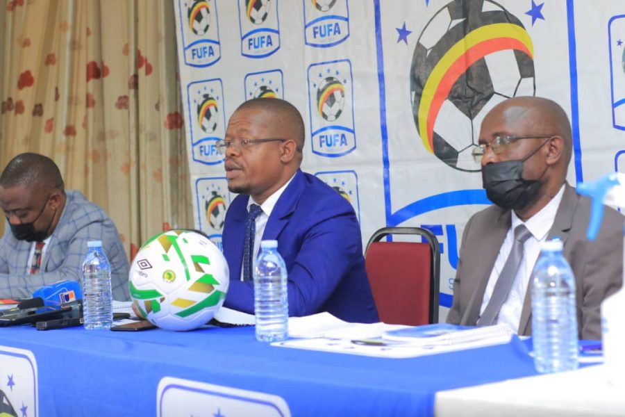 FUFA 1st Vice President, Justus Mugisha, FUFA President, Eng. Moses Magogo and FUFA Deputy CEO-Football, Decolas Kiiza.