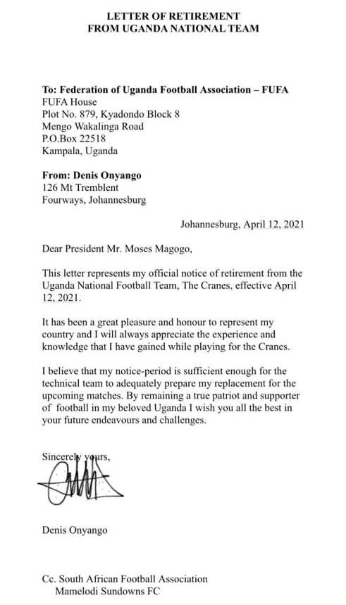 Denis Onyango's letter to FUFA president, Moses Magogo