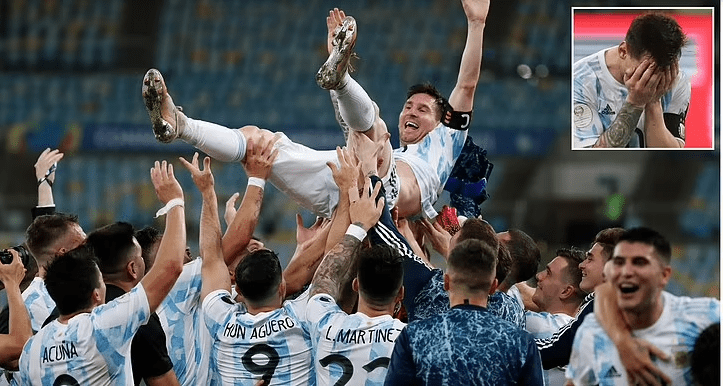 Messi being hurled in the air in celebration by teammates