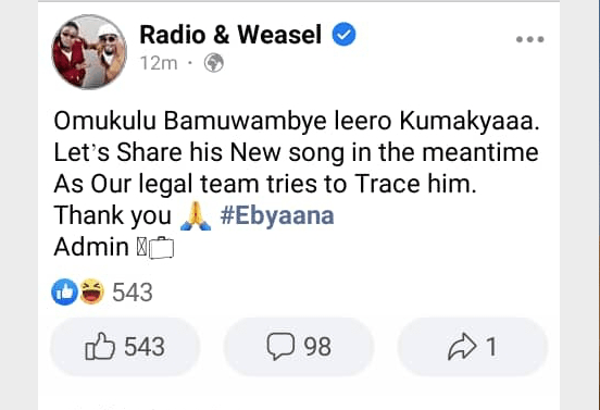 Post from Radio and Weasel Facebook page