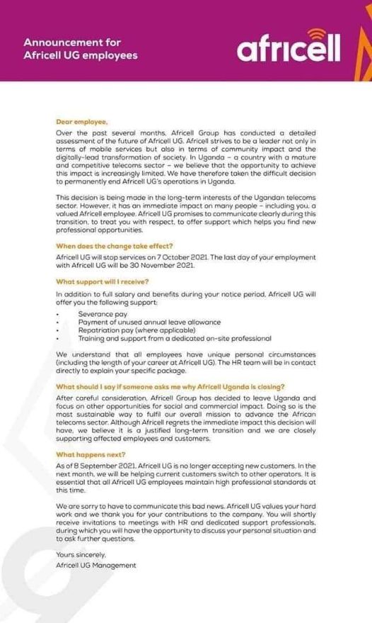 Letter from Africel to its employees