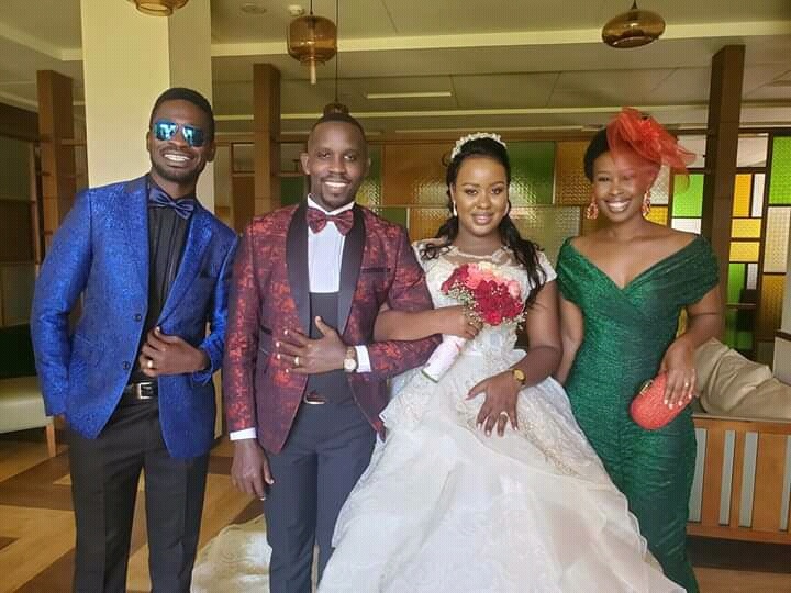 Joel Ssenyonyi, Fabrice Nagawa with Bobi Wine and wife, barbie at their wedding