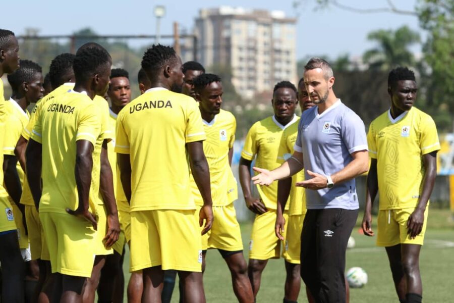 Uganda Cranes Performance coach Franck Plaine addressing the players during training at Lugogo on Wednesday morning