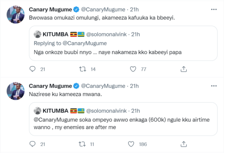 Canary Mugume conversation with follower