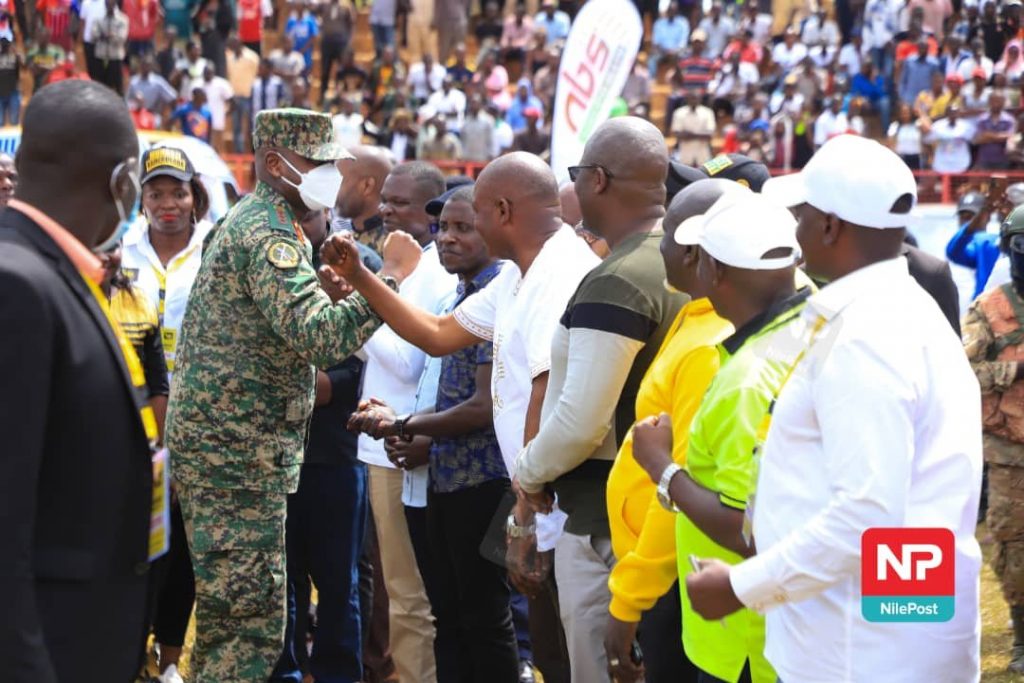 Lt. Gen. Muhoozi Kainerugaba greeting people at Kakindu Stadium
