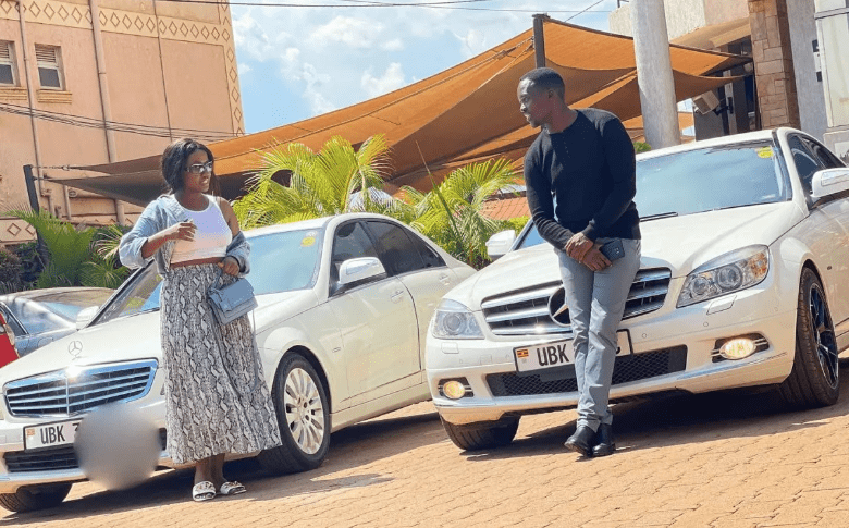 Lydia Jazmine and Ronnie Mulindwa showing off Mercedes Benz cars