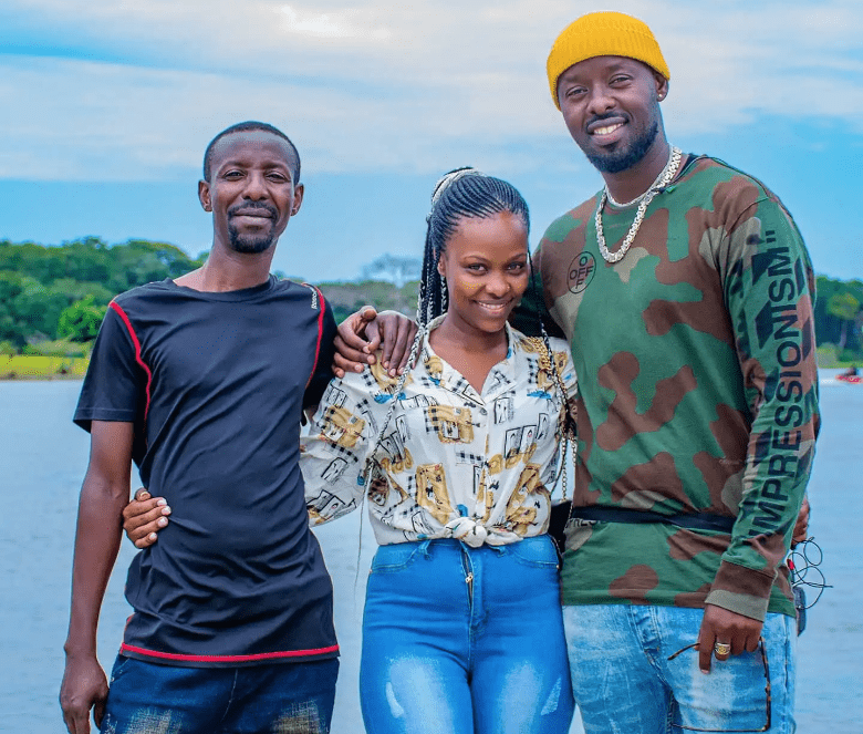 Hassan (L), sister and Eddy Kenzo