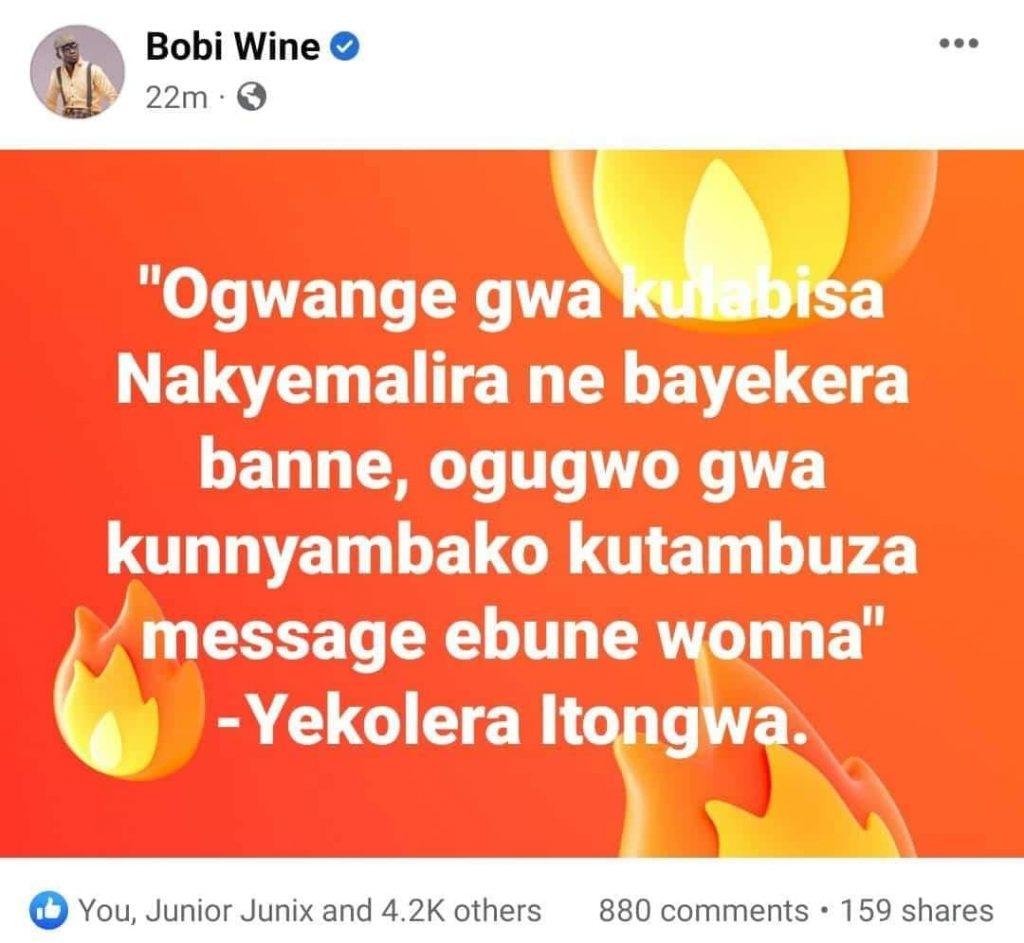 Bobi Wine message to Yekolera
